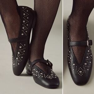 NIB Anthropologie Bibi Lou Studded Mary Jane Flats 9.5/40 Black‎ Leather Buckle